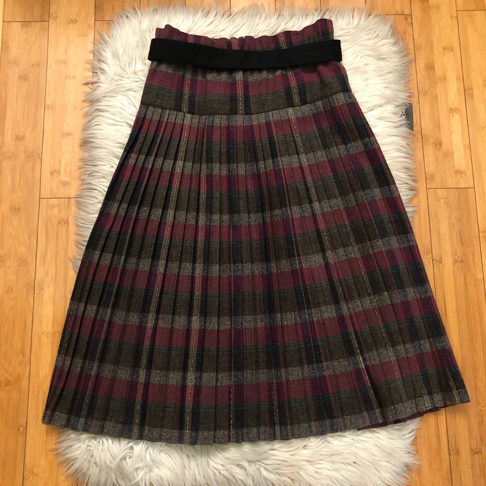 Vintage Ginza Maggy Japan Wool Pleated Plaid Metallic Gray Pink Midi Skirt 6